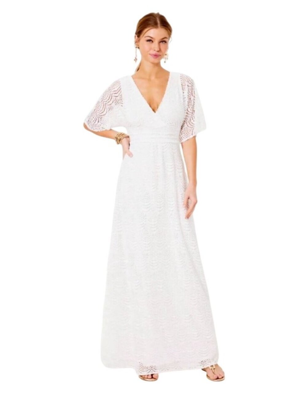 Lilly Pulitzer Parigi Elbow Sleeve Maxi Dress White Scalloped Shell Lace Sz XL